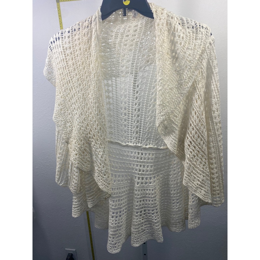Kim Rogers Woman Crochet Knit Cardigan Sweater Cream Open Front 2X Cotton Boho